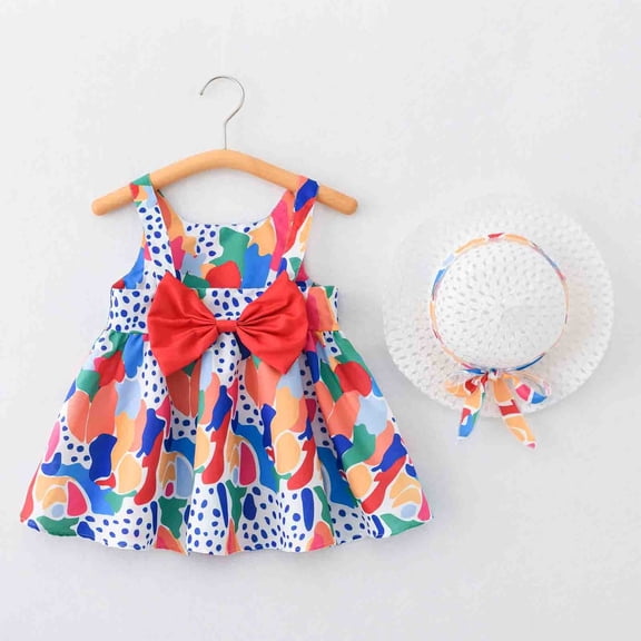KONDYS Girls Summer Dress Baby Tutu Sleeveless Backless Flower Bow With Straw Hat Set Casual Loose Flowy Tiered Dresses for 18-24M