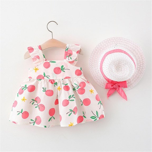 KONDYS Girls Summer Dress Kids Baby Floral Sleeveless Back Bow Swing Hats Casual Loose Flowy Tiered Dresses for 2-3Y