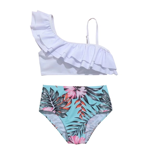 KONDYS Girls Swimsuit 2 Piece Floral Printed One Shoulder Tops Bottoms Ruffles Beach Sports Bathing Suit for 10Y-11Y