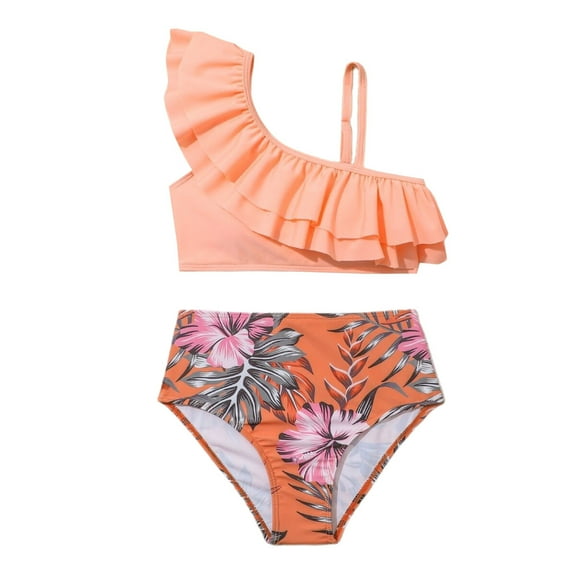 KONDYS Girls Swimsuits Floral Printed One Shoulder Tops Bottoms Ruffles Two Piece Bathing Suits Size 10Y-11Y