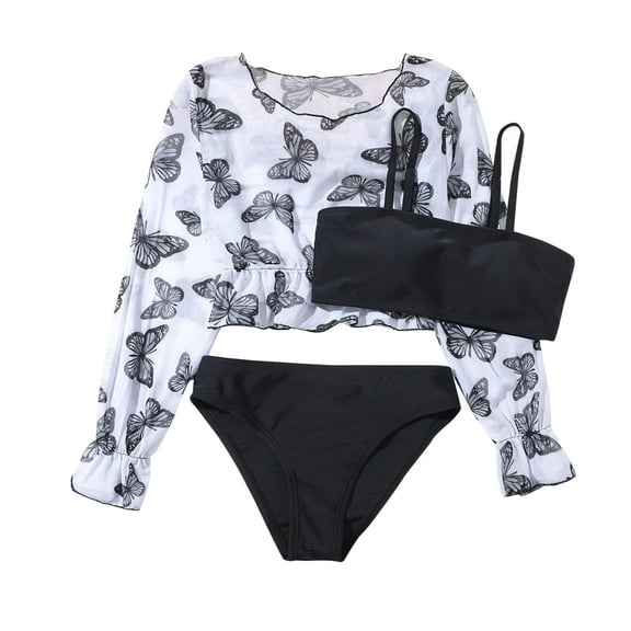 KONDYS Girls Swimsuits Long Sleeve Rash Guard Floral Printed Ruffles Two Piece Bathing Suits Size 8Y-10Y