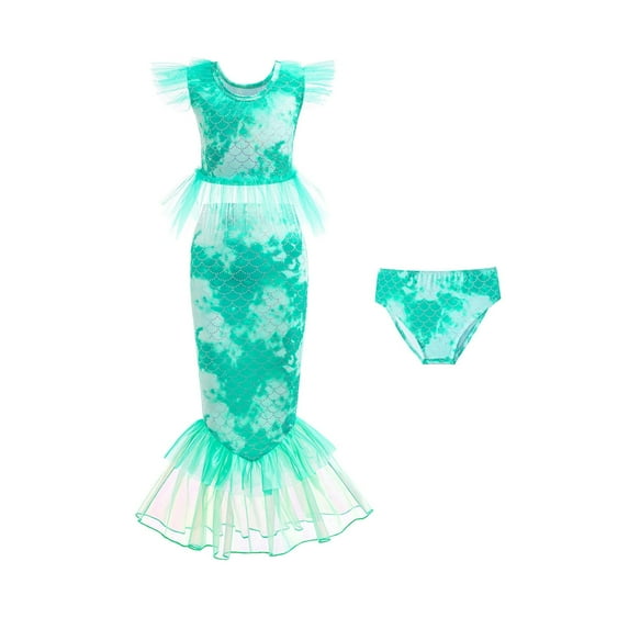 KONDYS Girls Swimsuits Two Piece Bikini Set Fish Tail Tie Dye Gradient Sequins Top Bottom With Cover Up Skirt Swimwear Tankini Size 8Y-9Y