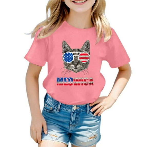 KONDYS Girls T Shirt for Toddler 4Th Of July Independence Day Cat Printed Short Sleeve Worn Over Loose Fit Blouse Tee Size 7-8Y