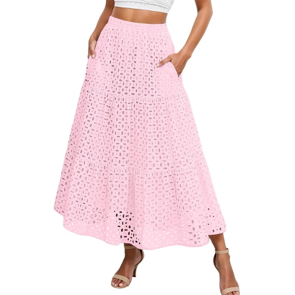 KONDYS Maxi Skirts For Women Boho Tiered Eyelet Elastic High Waist A Line Summer Casual Flowy Beach Long Skirt Beautiful Casual Women's Skirt