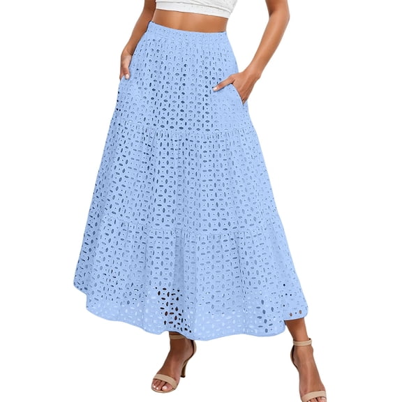 KONDYS Maxi Skirts For Women Boho Tiered Eyelet Elastic High Waist A Line Summer Casual Flowy Beach Long Skirt Beautiful Stylish Women's Skirt