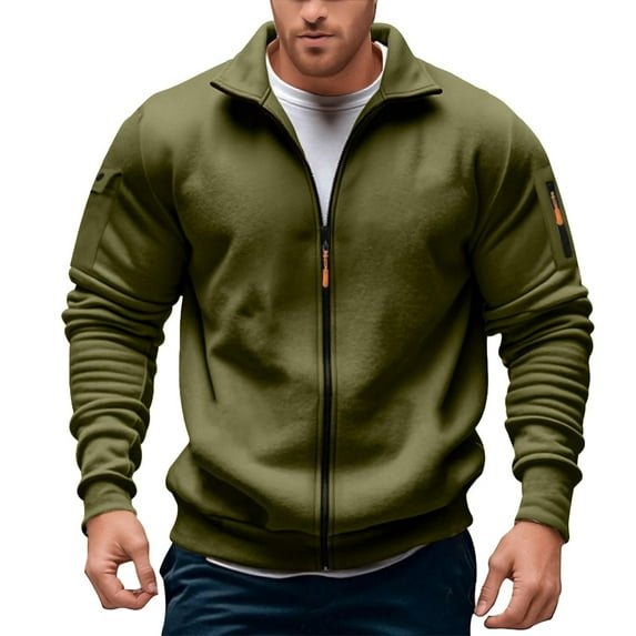 KONDYS Men's Zip Up Fleece Sweatshirt Hoodless Pullover Stylish Stand Collar Pocket Front Zipper Casual Jacket Cozy Breathable Men's Sweatshirts