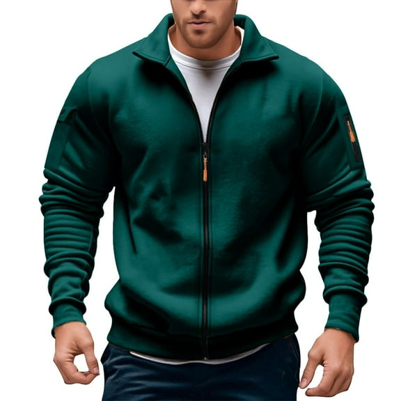 KONDYS Men's Zip Up Fleece Sweatshirt Hoodless Pullover Stylish Stand Collar Pocket Front Zipper Casual Jacket Cozy Warm Men's Hoodies