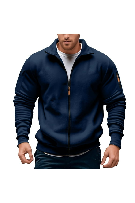 Men's Zip Up Fleece Sweatshirt Hoodless Pullover Stylish Stand Collar Pocket Front Zipper Casual Jacket Cozy Warm Men's Hoodies