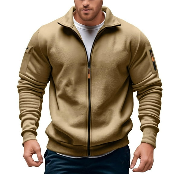 KONDYS Men's Zip Up Fleece Sweatshirt Hoodless Pullover Stylish Stand Collar Pocket Front Zipper Casual Jacket Warm Breathable Men's Tops