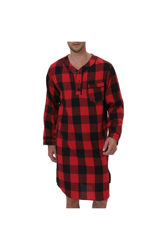 Mens Plaid Print With Pockets Blend Flannel Long Sleeve Sleep Nightshirt Classic Pajamas Homewear Loungewear