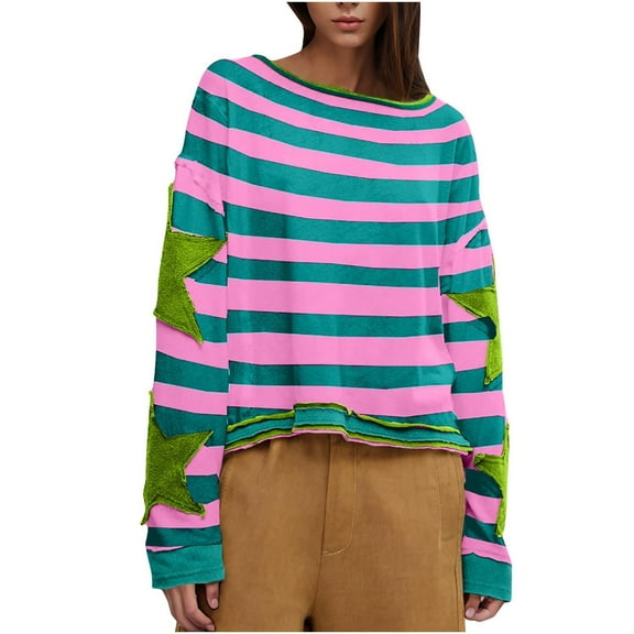 KONDYS Oversized Graphic Sweatshirt Retro Long Sleeve Drop Shoulder T Shirt With Round Neck For Women Lightweight Sweatshirts Fall Clothes for Women Tops