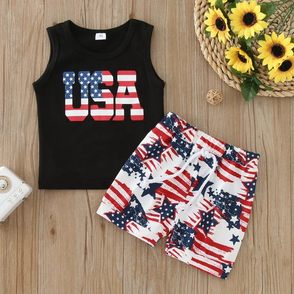 KONDYS Toddler Boy Outfits 4Th Of July Independence Day USA Flag Sleeveless Letter Prints T Shirt Tops Vest Shorts 2 Pieces Summer Clothing Set for 18-24M