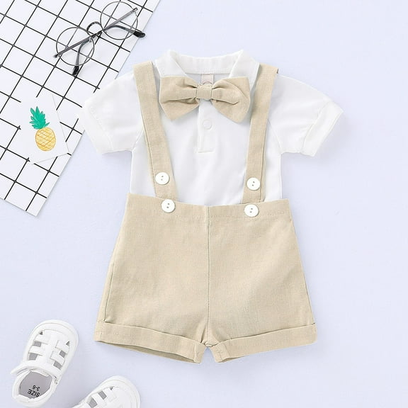 KONDYS Toddler Boy Outfits Baby Formal Suit Short Sleeve Romper Suspenders Shorts Pants Bowtie Wedding Tuxedo 2 Pieces Summer Clothing Set for 18-24M