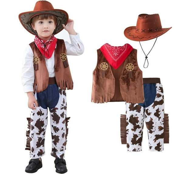 KONDYS Toddler Boy Outfits Party Show Stage Cowboy Suit Child Kids Vest Tops Shirt Pants With Hats 2 Pieces Summer Clothing Set for 3-4Y