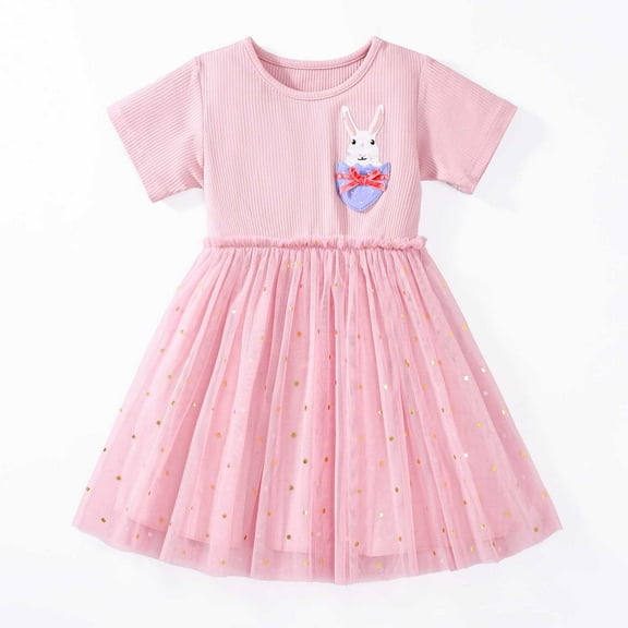 KONDYS Toddler Girl Princess Outfit Kids Short Sleeve Floral Print Mesh Tunic Party Dress Summer Clothes Size 5-6Y