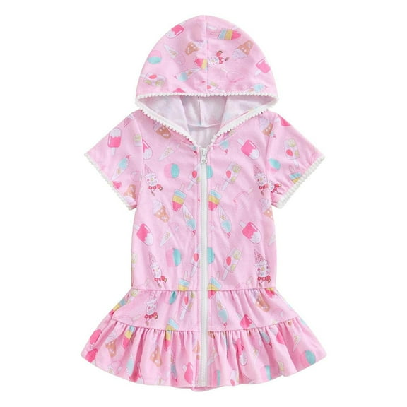 KONDYS Toddler Girl Princess Outfit Swim Coverup Rainbow Swimsuit Coverup Zip Up Bathing Suit Hooded Bathrobe Party Dress Summer Clothes Size 5-6Y