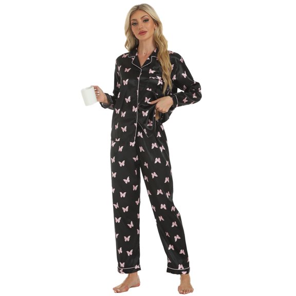 KONDYS Women Pajamas Print Long Sleeve Shirt Pants Set Graphic 2 Piece Pajamas Set Loungewear Homewear Sleepwear Soft Nightwear