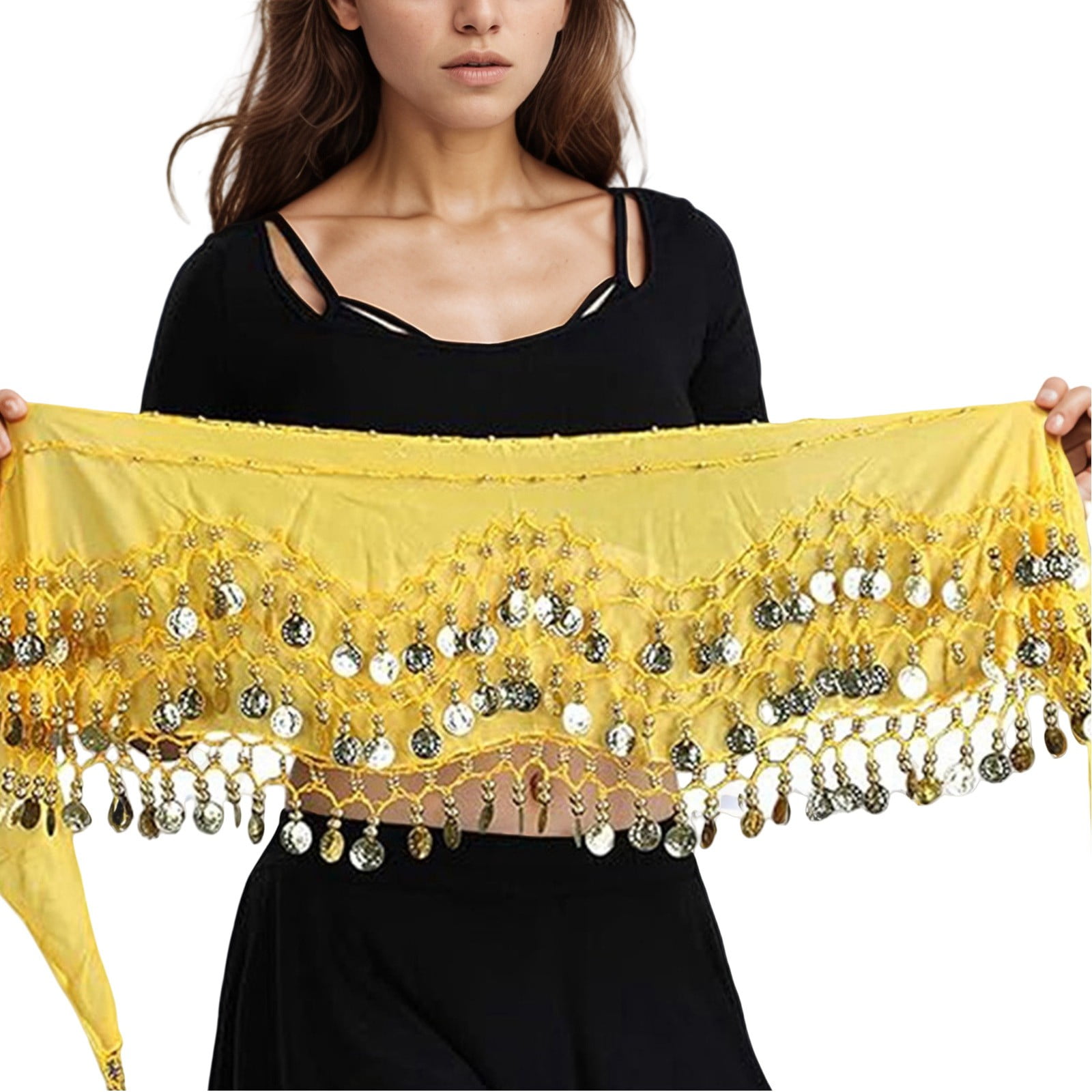 WEKIOOBON Belly Dance Hip Scarf, Sweet Belly Dance Skirt Wrap Performance Bling Sequins Coins, Belly Dancer Costumes For Women (Yellow