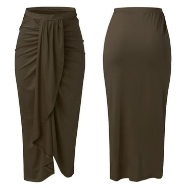 KONDYS Women's Casual Slit Wrap Asymmetrical Elastic High Waist Maxi Draped Solid Color Skirt Beautiful Casual Women's Skirt