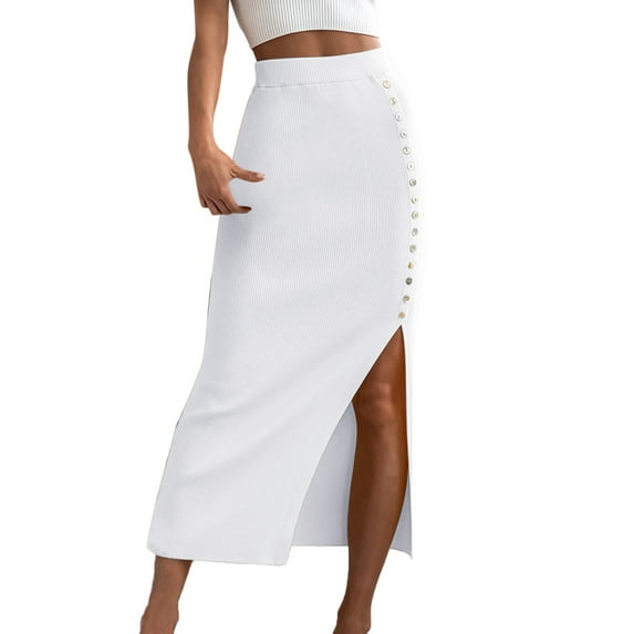 KONDYS Women's Ribbed Slim Black Tight Side Slit Button Down Skirt Cozy Distinctive Women's Skirt