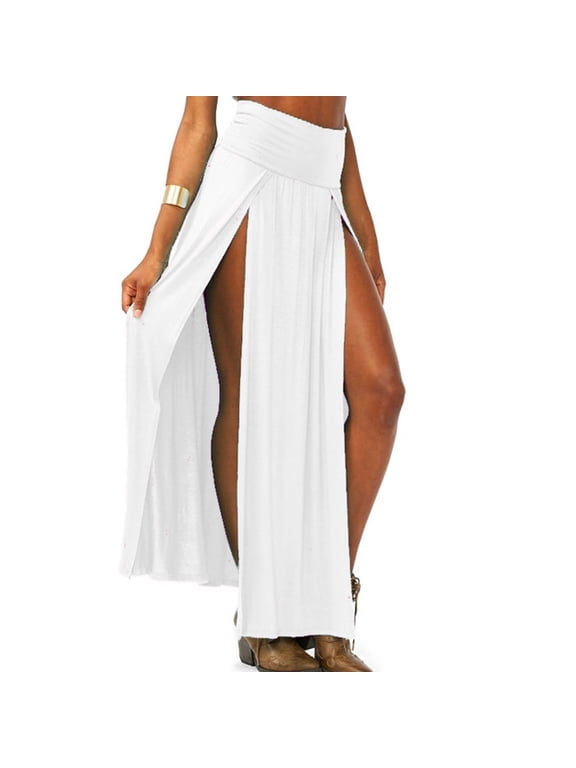 Womens Double Split Maxi Long Skirt Ladies Plain Basic Two Side Slit 4 22 Cozy Distinctive Women's Skirt