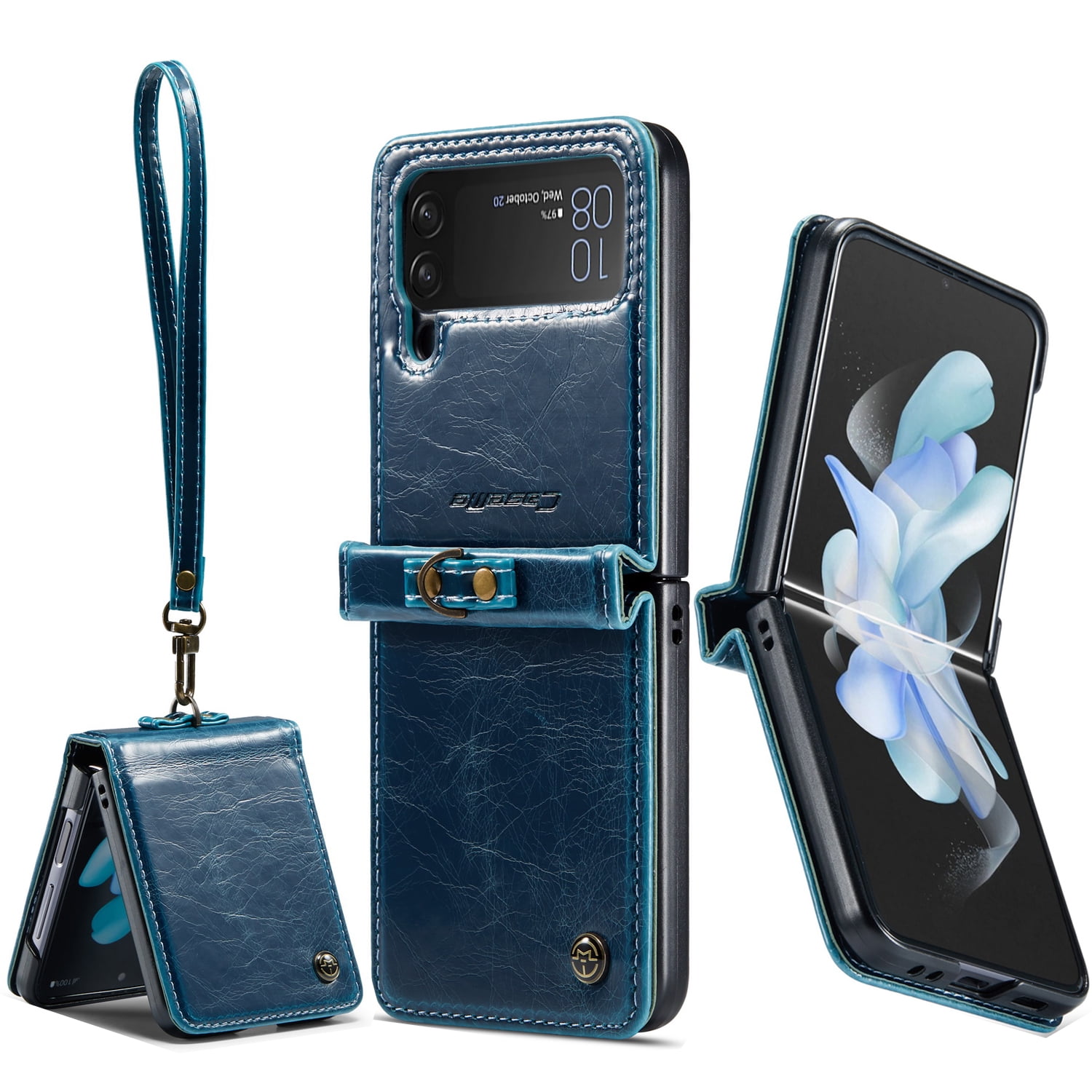 KONEE Phone Case Compatible with Samsung Galaxy Z Flip 4 5G,Leather Case PU Leather Flip Phone Case with [ Wrist Strap ], Foldable Phone Case for Samsung Galaxy Z Flip 4 5G Case - Blue