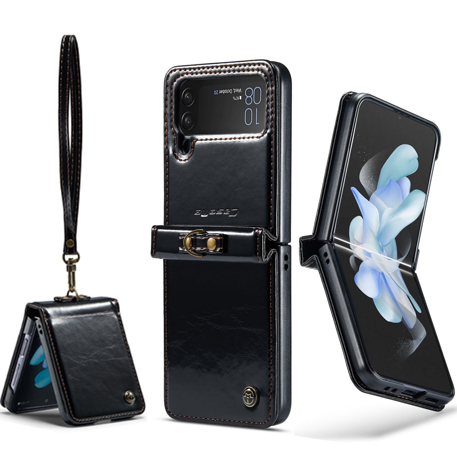 KONEE Phone Case Compatible with Samsung Galaxy Z Flip 4 5G,Leather Case PU Leather Flip Phone Case with [ Wrist Strap ], Foldable Phone Case for Samsung Galaxy Z Flip 4 5G Case - Black
