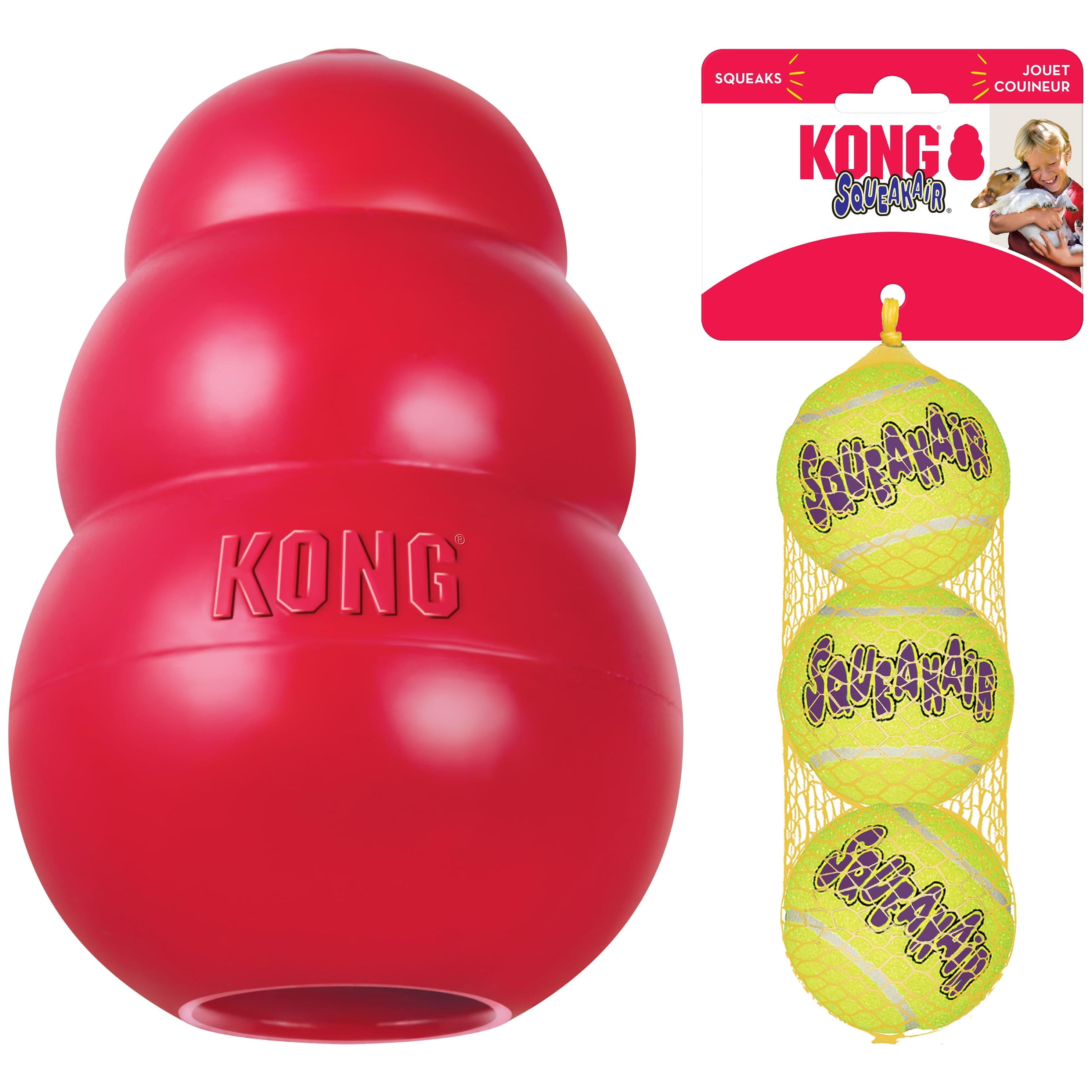 KONG Starter Combo, includes Classic Rubber Dog Chew Toy, Floppy Knots Fox Plush Squeaky Toy & SqueakAir® Balls (3 Count), Fetch & Chew Toys for M/L Dogs