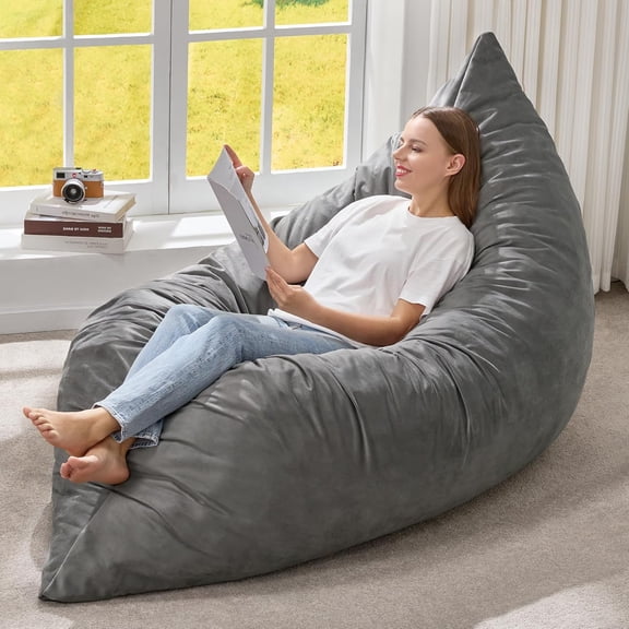 KONGLY 3 in 1 Bean Bag Chair Giant Bean Bag Chairs for Adults with Chevron Plush Fur Cover Convertible Bean Bag Floor Cushion with Machine Washable Cover for Living Room,Velvet - Grey
