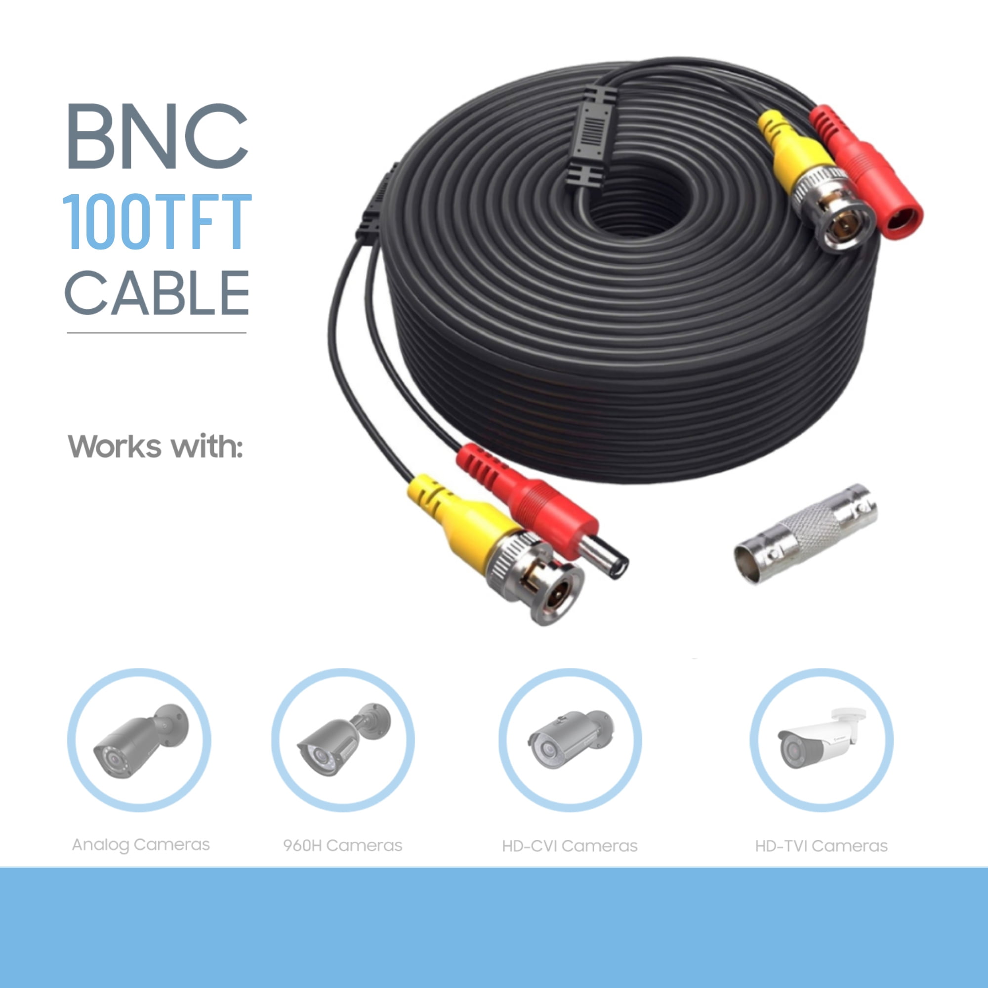 KONKIN BOO 100ft Black BNC Video Power Wire Cord replacement for Swann