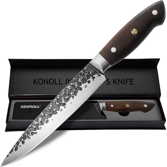 KONOLL Slicing Carving Knife 8 Inch Razor Sharp Sashimi Knife, Forged Hammered High Carbon Steel Kitchen Knife