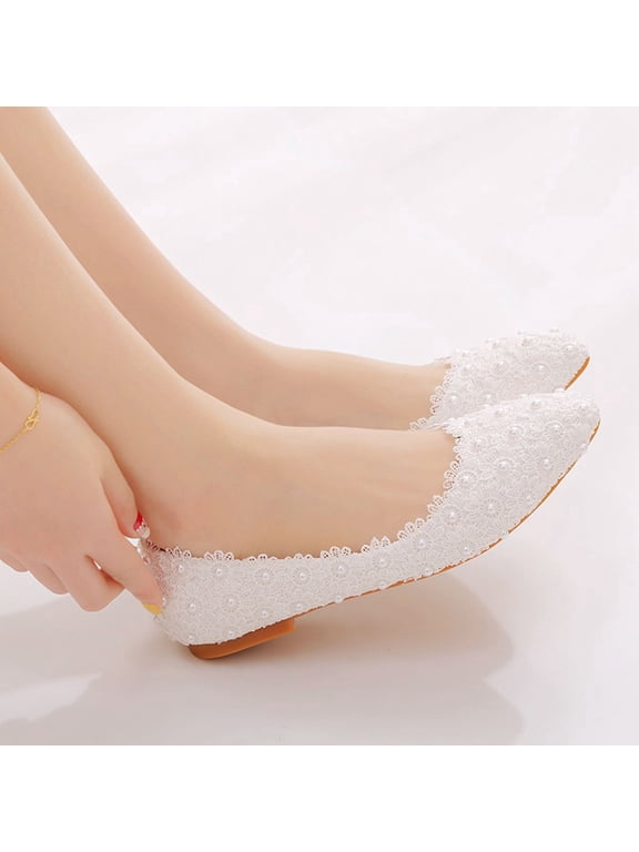 Women's White Lace Flats with PU Upper and Rubber Sole, Comfortable Dress Shoes for Everyday Casual Wear
