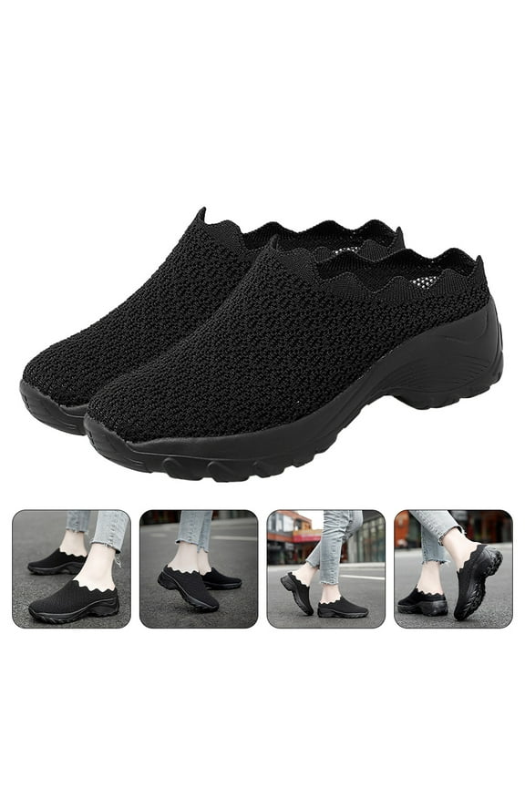 1Pair Female Footwear Black Thick Sole Shoes for Walking Jogging with Ventilation
