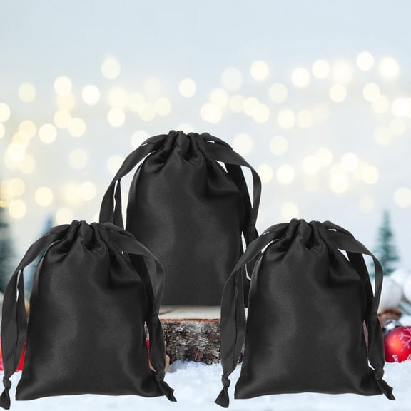 KONTONTY Smooth Satin Drawstring Bags Black for Decor Lightweight 10Pcs
