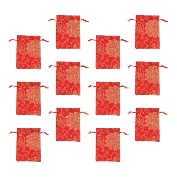 KONTONTY 12Pcs Red Chinese Style Drawstring Bag with Classic Embroidery for Jewelry Storage
