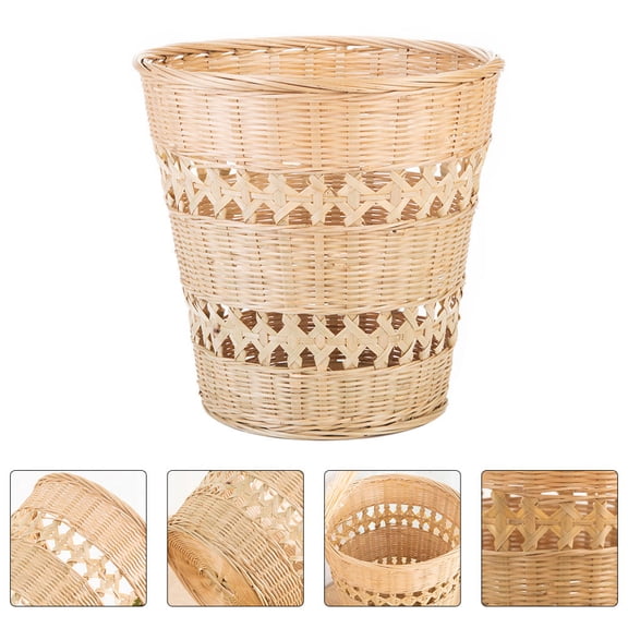 KONTONTY 1PC Natural Bamboo Waste Basket for Bedroom Woven Storage Household Item Light Green