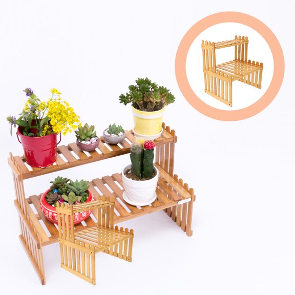 KONTONTY 1Pc Wood Double Shelf Planter Rack with Smooth Edges for Safe Indoor Plant Display