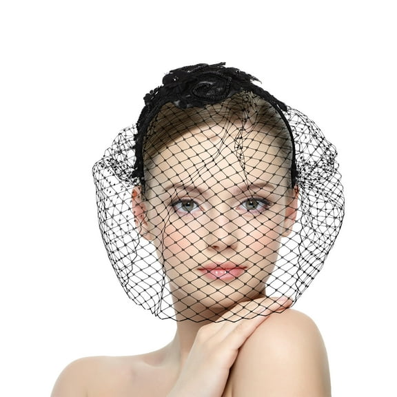 KONTONTY 1Pack Veil Headband for Bridal Black Mesh for Women Wedding and Tea Party