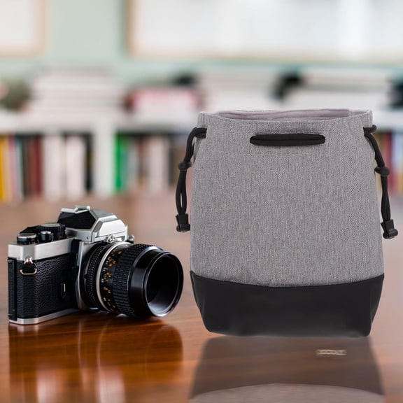 KONTONTY 1Pc Portable Camera Bag Grey Canvas Storage Case with Drawstring for Camera and Accessories