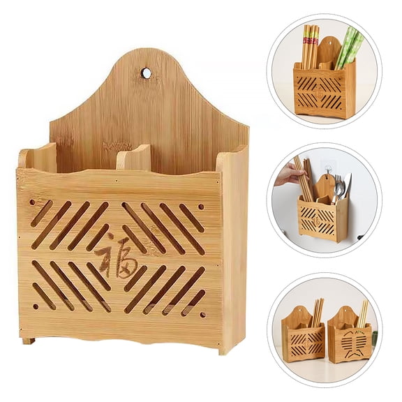 KONTONTY 1Pc Wall Mounted Bamboo Flatware Organizer for Kitchen Countertop Storage Khaki