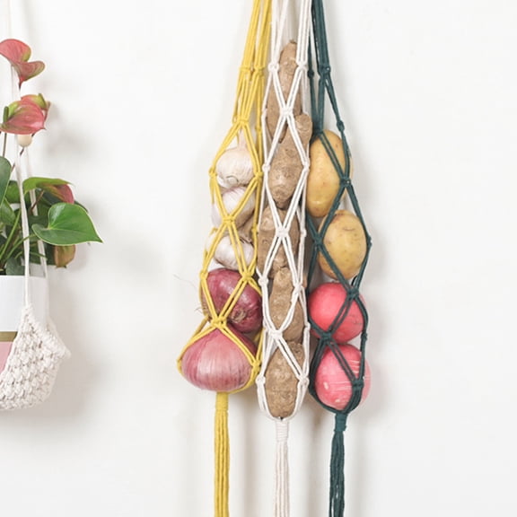 KONTONTY Handwoven Beige Cotton Thread Vegetable Hanging Basket with Reinforced Handle for Home
