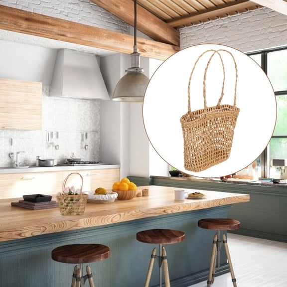 KONTONTY 1Pc Portable Brown Straw Weaving Storage Basket with Natural Texture