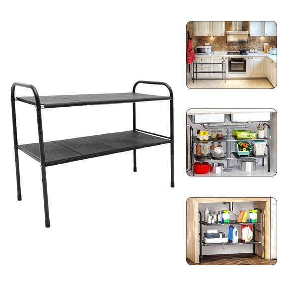 KONTONTY 1Set Double Layer Kitchen Cabinet Storage Rack Black Metal for Countertop Use