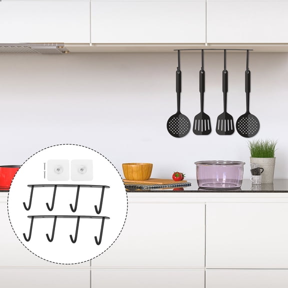 KONTONTY 2Pcs Punch Free Stainless Steel Hook Rack Black for Kitchenware Shelf and Bathroom