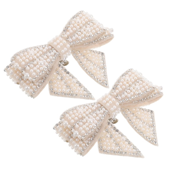 KONTONTY Luxurious Beige Bow Knot Shoe Clips with Pearls and Rhinestones for Parties 2Pcs