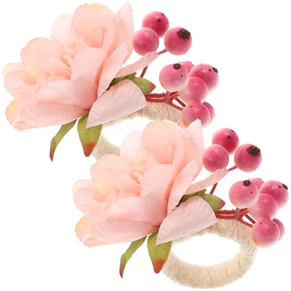 KONTONTY Pink Artificial Flower Napkin Rings Silk Fabric Hemp Rope Plastic for Decor 2Pcs