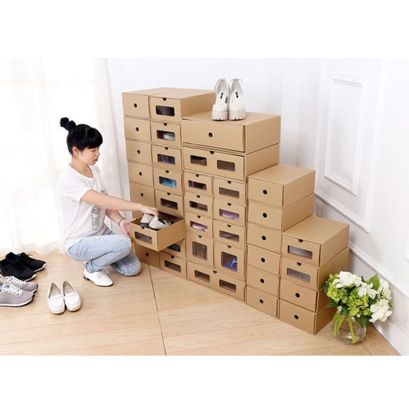 KONTONTY Shoe Storage Boxes with Clear Window, Light Brown, Easy Access Organizer, Set of 2 Containers