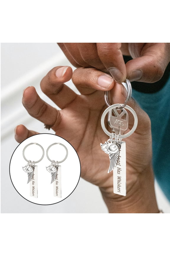 2Pcs Metal Cat Memorial Keychain Pendant Decorative Plated Silver Key Ring for Pet Memory
