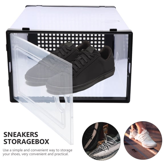 KONTONTY 2Pcs Transparent Plastic Shoe Storage Box Black Stackable Space Saving Design