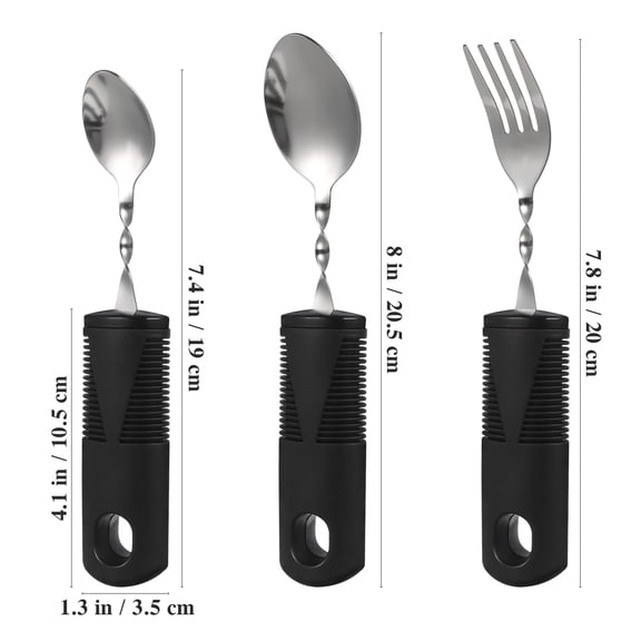 KONTONTY Weighted Utensils Set Black Stainless Steel Rubber Grip for Elderly and Disabled 3Pcs